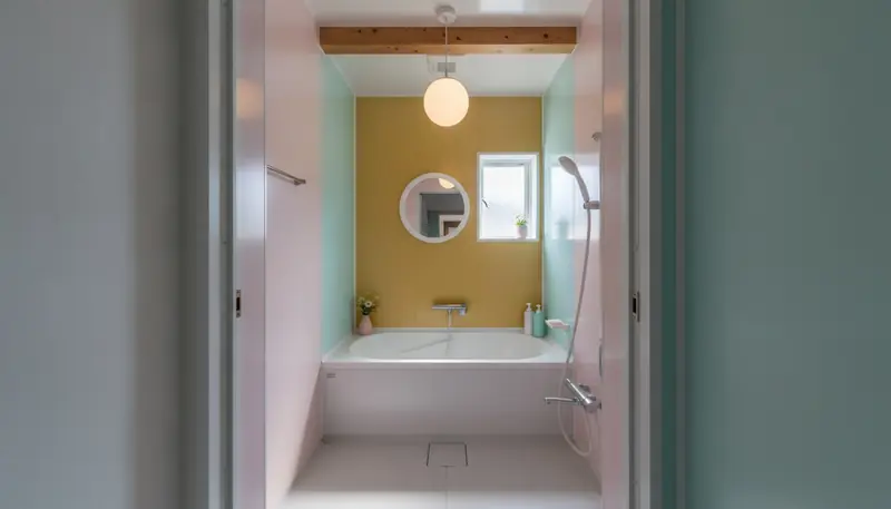 戸建て(広め)の浴室をかわいいに。マスタードイエローのアクセントが主役。