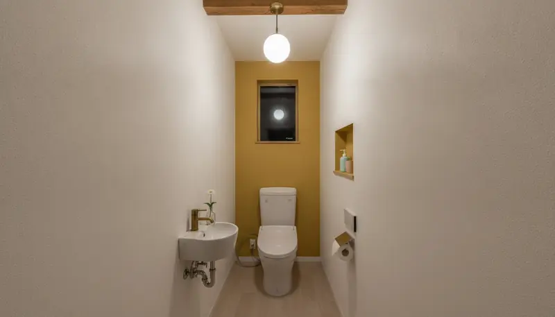 古民家のトイレをかわいいに。マスタードイエローのアクセントが主役。