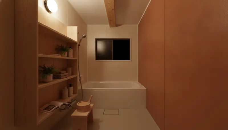 平屋の浴室を癒しに。テラコッタのアクセントが主役。