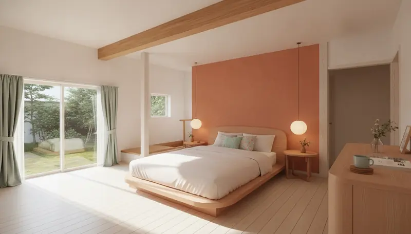 戸建て(広め)の寝室をかわいいに。テラコッタのアクセントが主役。
