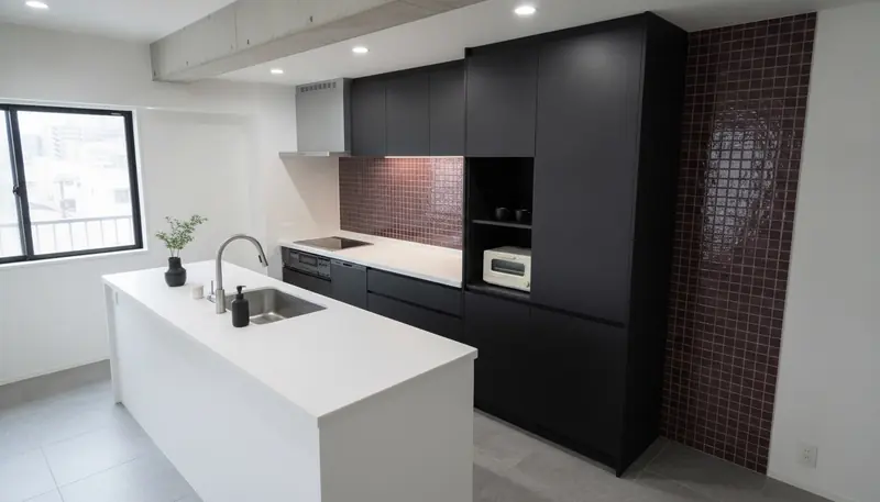 築古マンション(コンパクト)のキッチンをシンプルモダンに。墨色に近い深いボルドーのアクセントが主役。