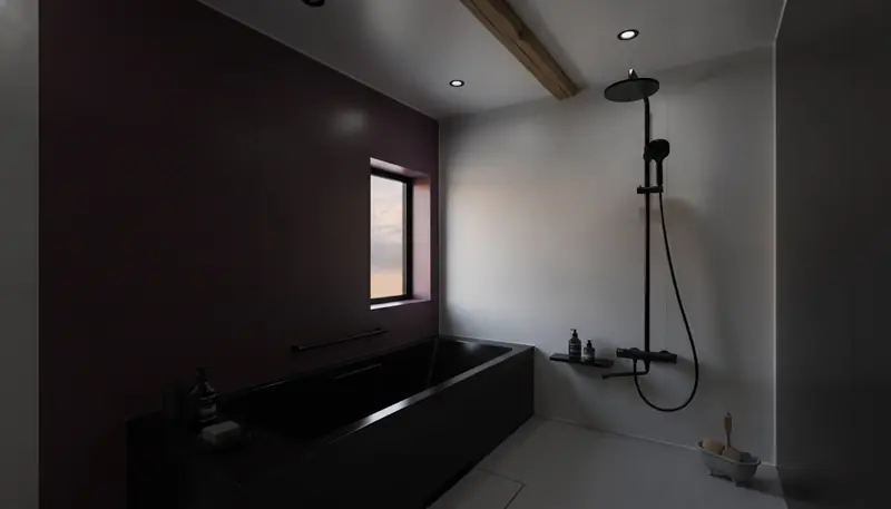 戸建て(広め)の浴室をスタイリッシュに。墨色に近い深いボルドーのアクセントが主役。