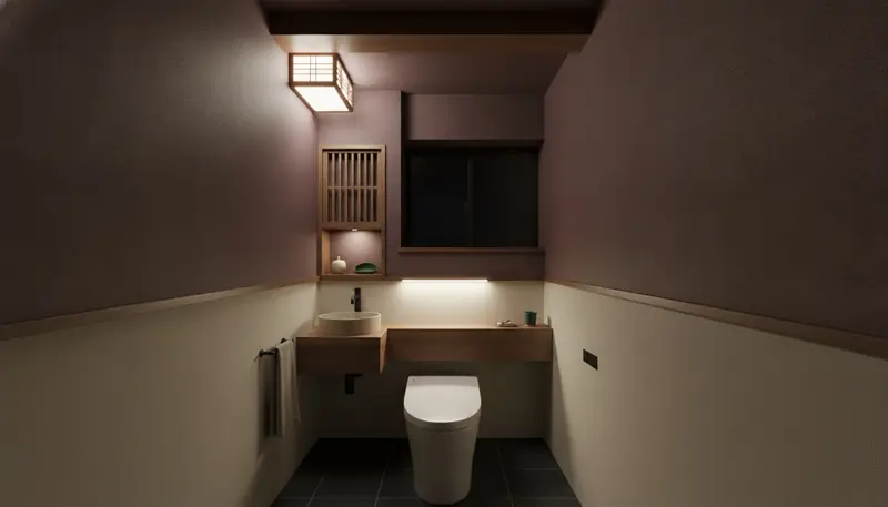築古マンション(コンパクト)のトイレを和モダンに。墨色に近い深いボルドーのアクセントが主役。