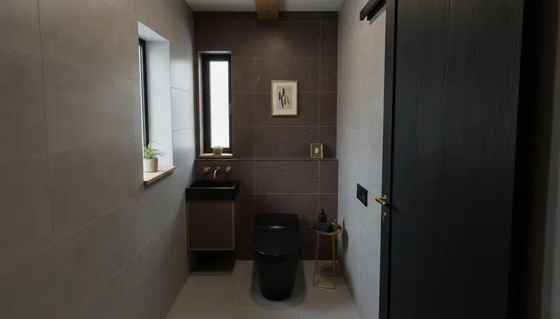 戸建て(広め)のトイレをホテルライクに。墨色に近い深いボルドーのアクセントが主役。