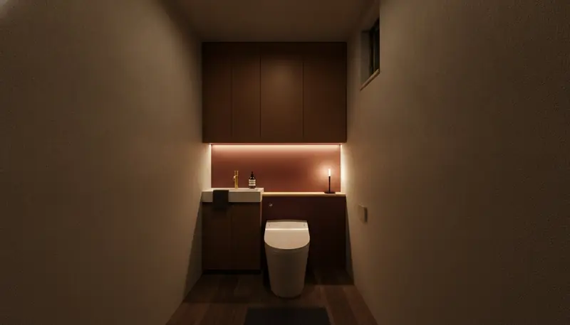 賃貸・コスト重視のトイレを大人に。墨色に近い深いボルドーのアクセントが主役。