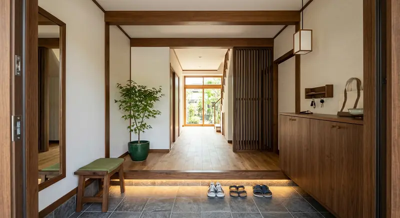 戸建て(広め)の玄関・廊下を和モダンに。ウォールナット系の木が主役。