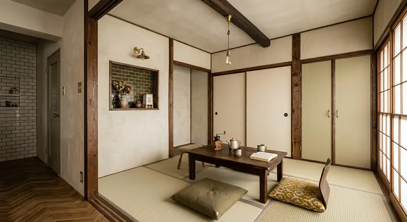 築古マンション(コンパクト)の和室をヴィンテージ・カフェ風に。ヘリンボーンやラフな木の床が主役。