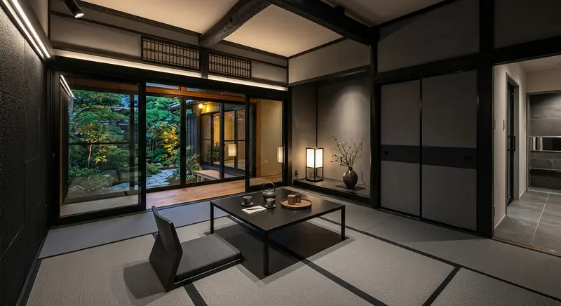 平屋の和室をスタイリッシュに。黒と濃グレーの面材が主役。