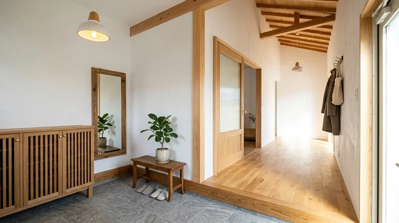平屋の玄関・廊下を北欧ナチュラルに。オーク無垢フローリングが主役。