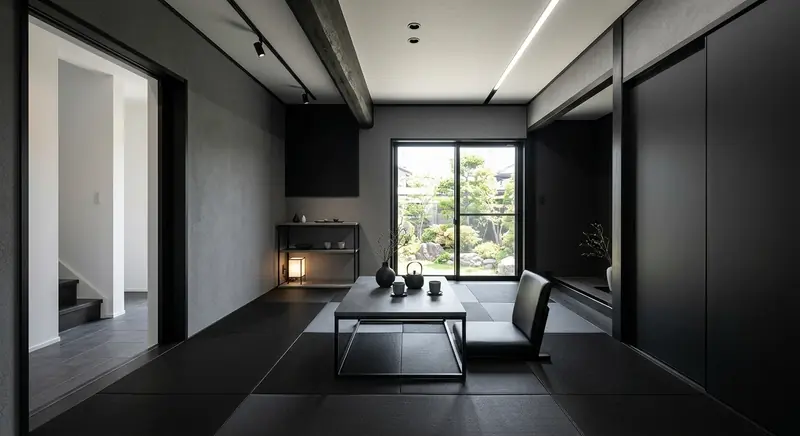 戸建て(広め)の和室をスタイリッシュに。黒と濃グレーの面材が主役。