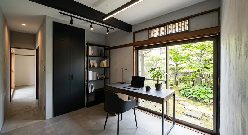 平屋のワークスペースをスタイリッシュに。黒と濃グレーの面材が主役。