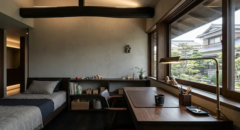 戸建て(広め)の子ども部屋を大人に。濃い木目が主役。