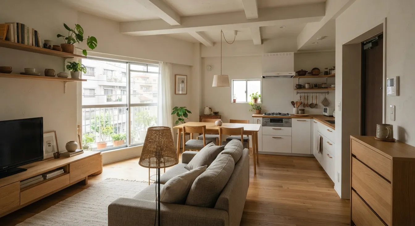 築古マンション(コンパクト)のLDKを北欧ナチュラルに。オーク無垢フローリングが主役。