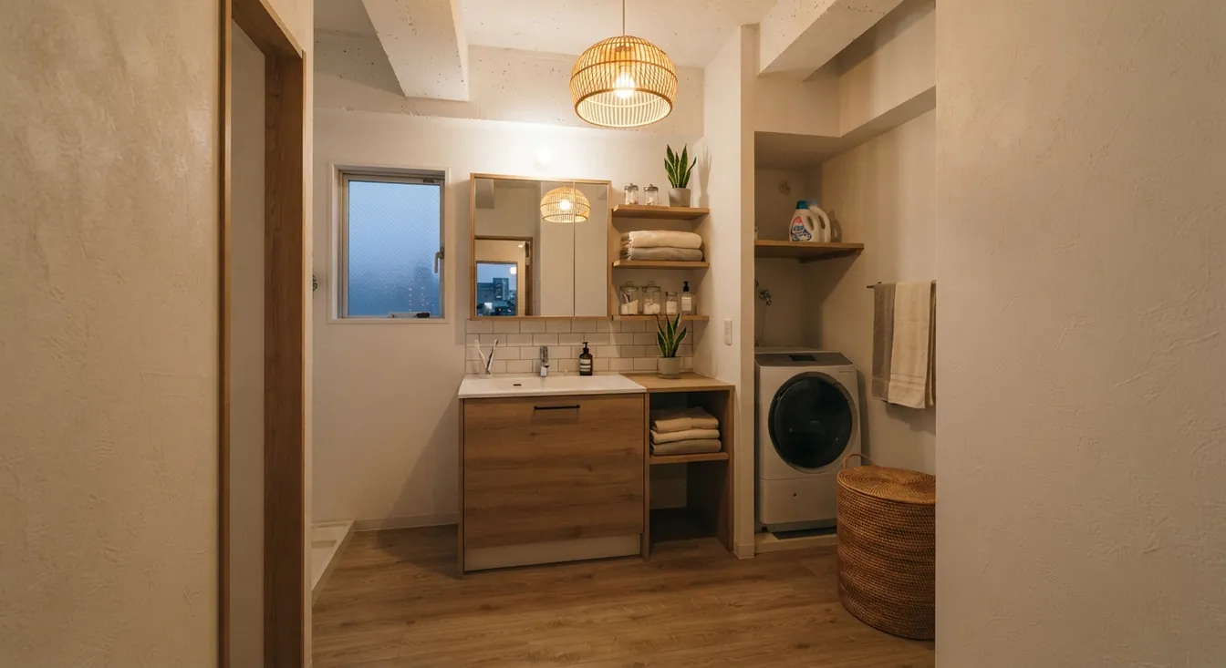 築古マンション(コンパクト)の洗面脱衣室を北欧ナチュラルに。白タイルと木目の洗面台や収納が主役。