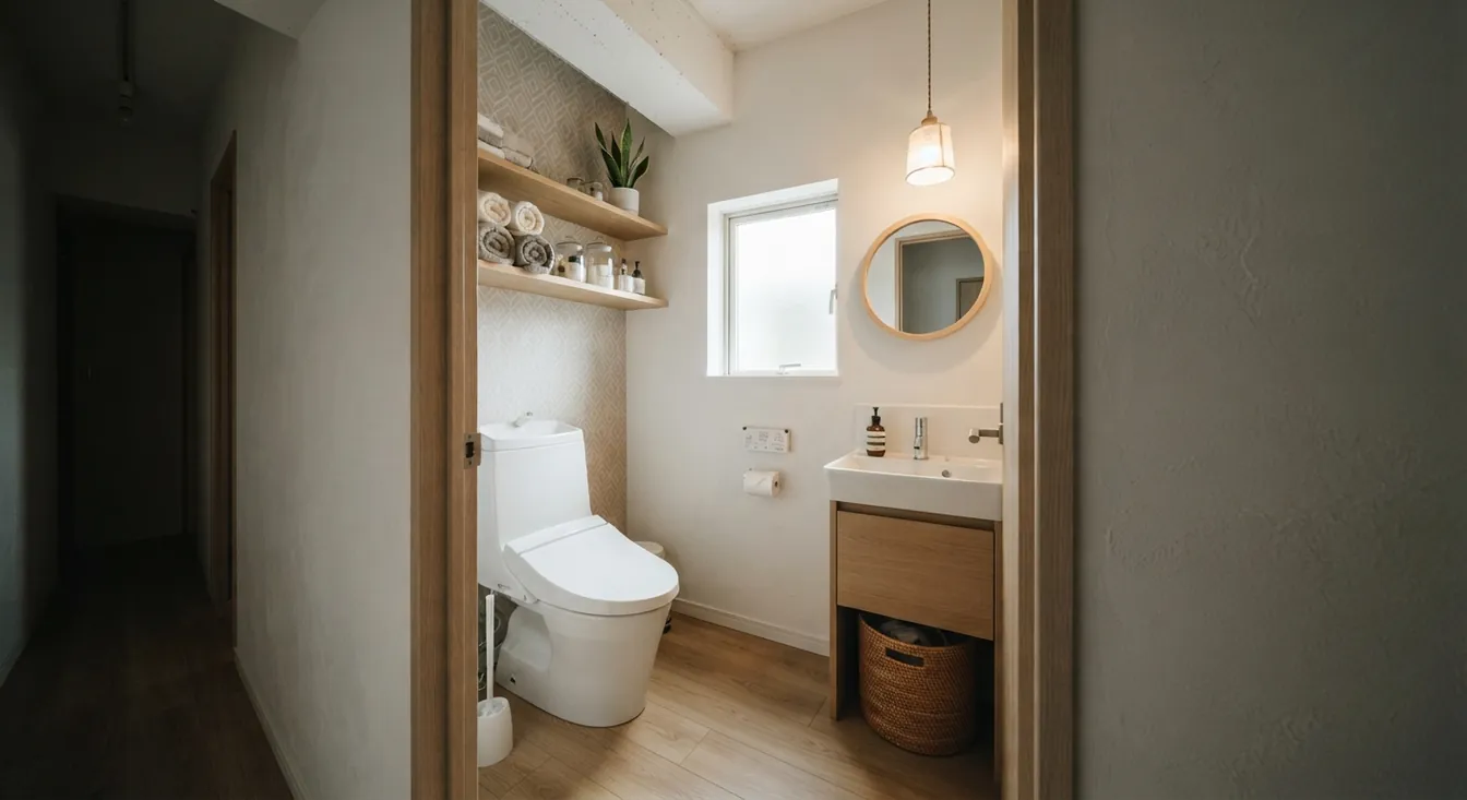 築古マンション(コンパクト)のトイレを北欧ナチュラルに。白タイルと木目の洗面台や収納が主役。