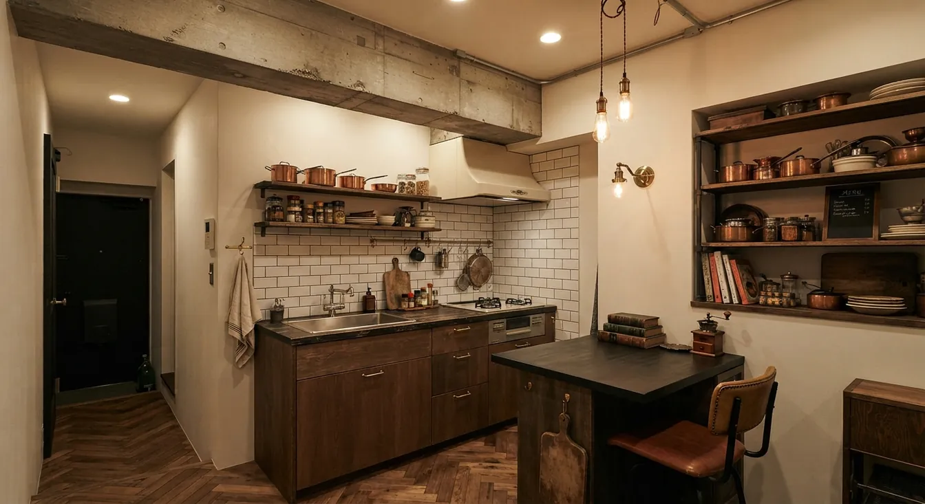 築古マンション(コンパクト)のキッチンをヴィンテージ・カフェ風に。ヘリンボーンやラフな木の床が主役。
