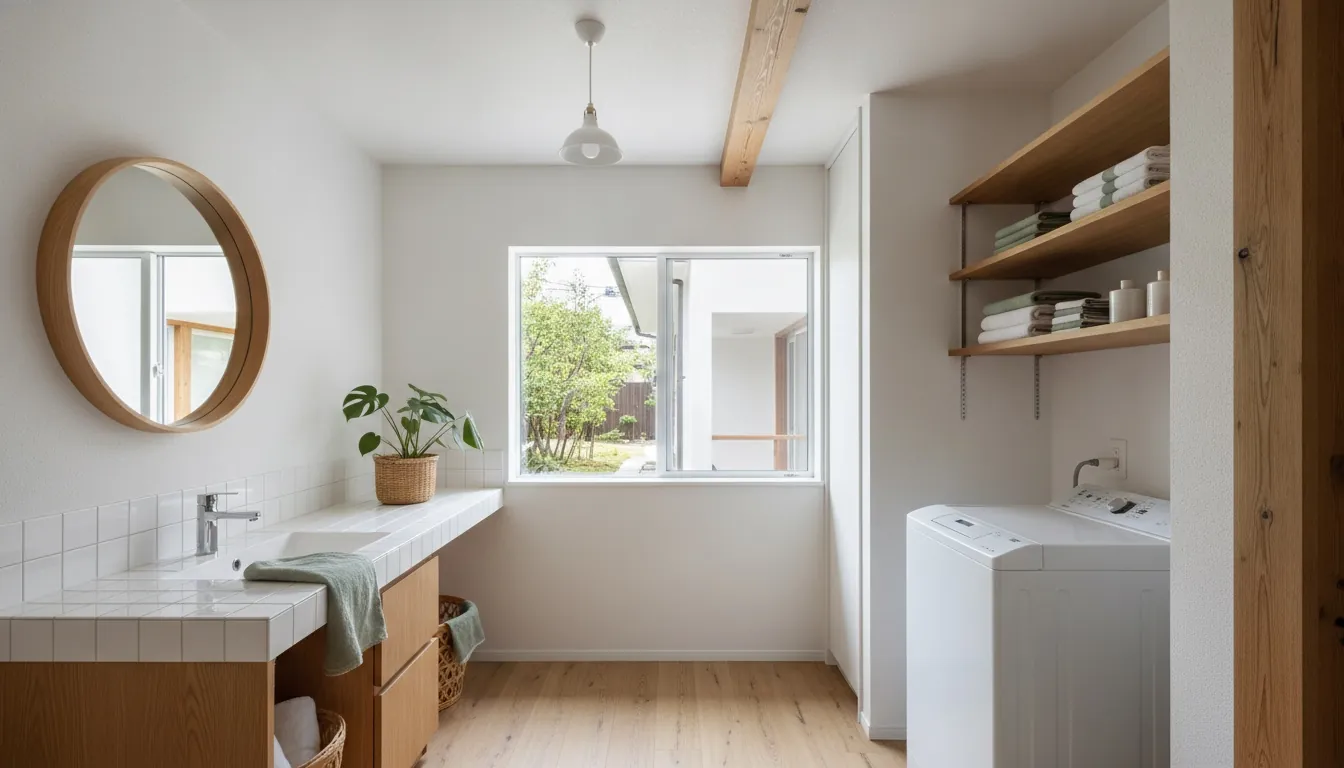 戸建て(広め)の洗面脱衣室を北欧ナチュラルに。白タイルと木目の洗面台や収納が主役。