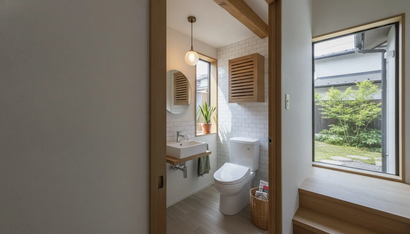 戸建て(広め)のトイレを北欧ナチュラルに。白タイルと木目の洗面台や収納が主役。