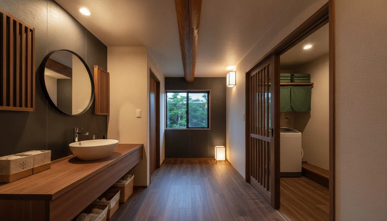 戸建て(広め)の洗面脱衣室を和モダンに。濃茶の木目カウンターが主役。