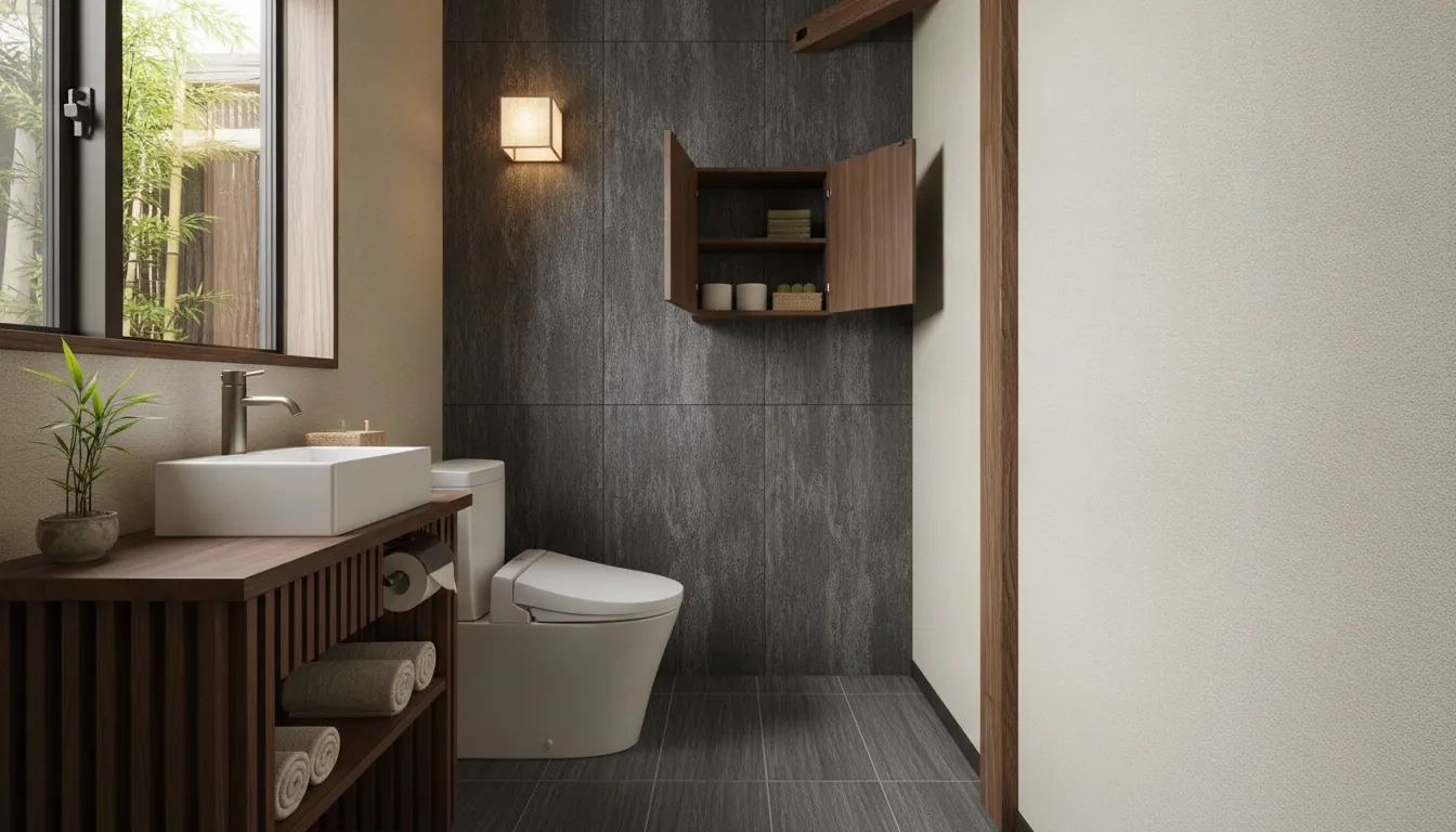 戸建て(広め)のトイレを和モダンに。濃茶の木目カウンターが主役。