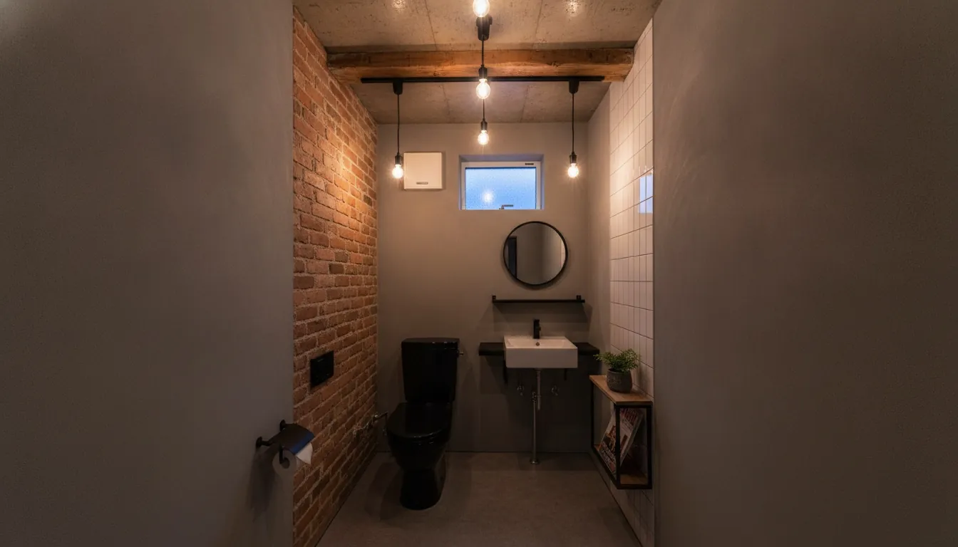 戸建て(広め)のトイレをインダストリアルに。黒い水栓とアイアンの棚が主役。