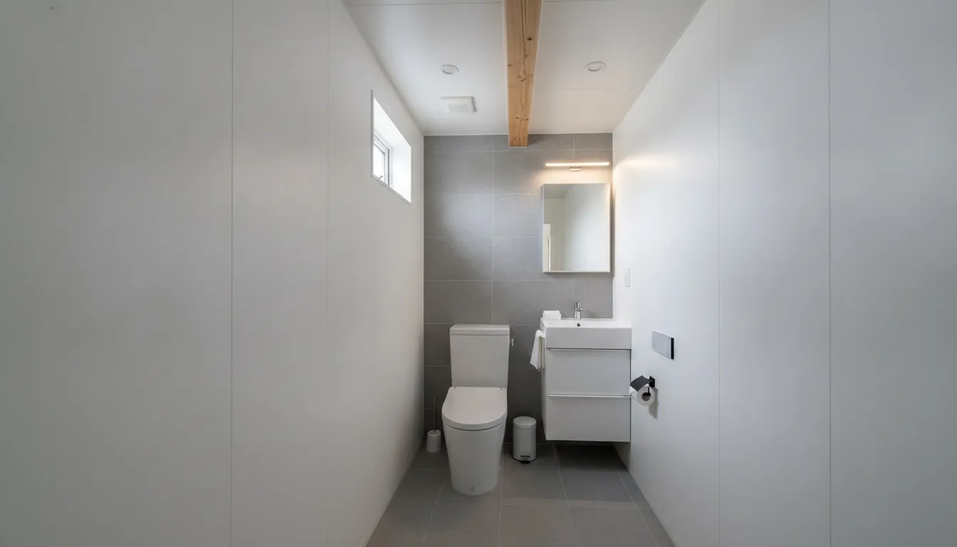 戸建て(広め)のトイレをシンプルモダンに。白いフラットな洗面台が主役。
