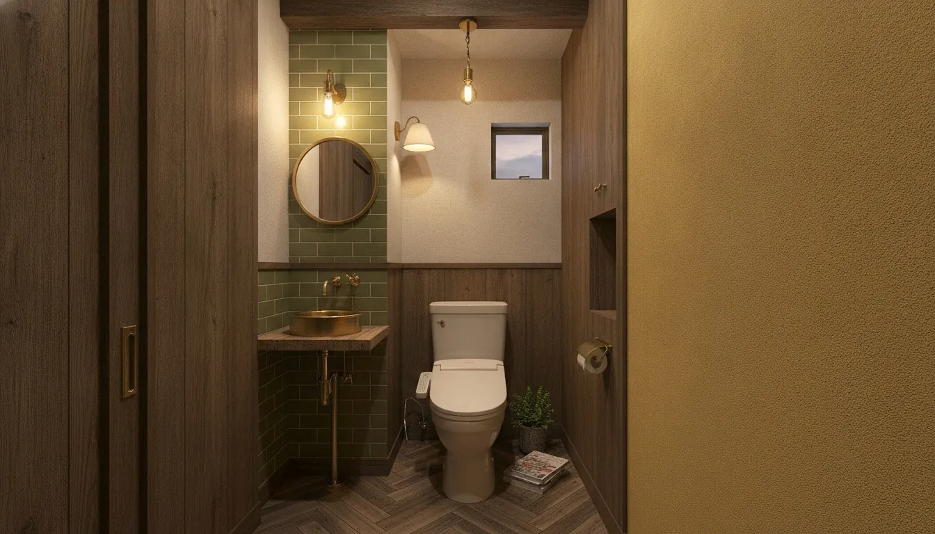 戸建て(広め)のトイレをヴィンテージ・カフェ風に。真鍮の水栓が主役。