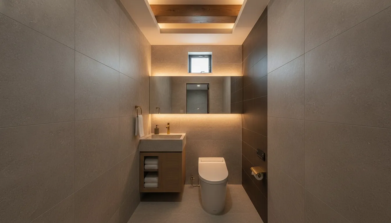 戸建て(広め)のトイレをホテルライクに。石目調の大判タイルが主役。