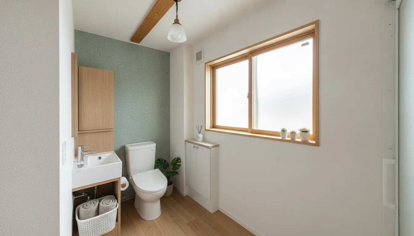 賃貸・コスト重視のトイレを北欧ナチュラルに。白タイルと木目の洗面台や収納が主役。
