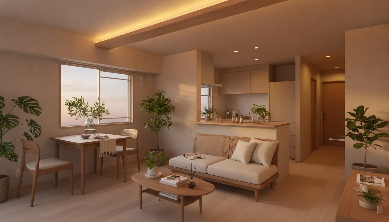 築古マンション(コンパクト)のLDKを癒しに。淡い木の床が主役。