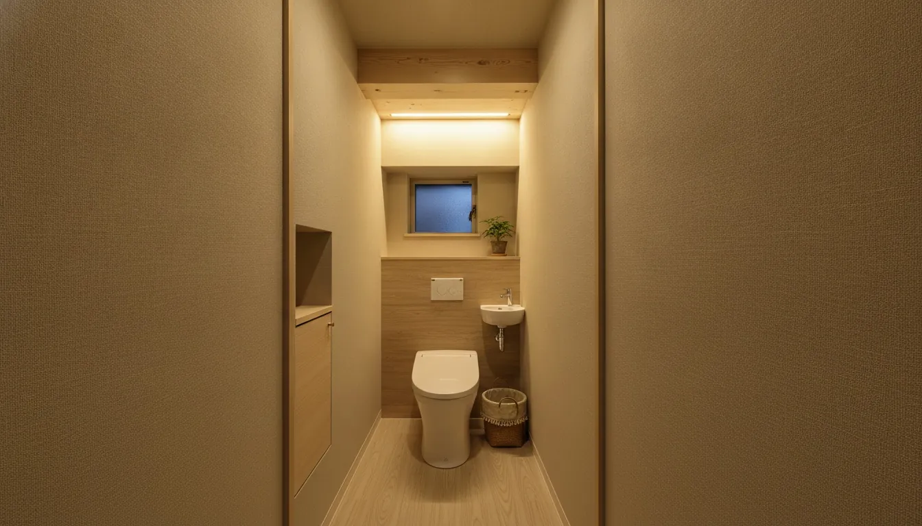 築古マンション(コンパクト)のトイレを癒しに。木目の壁一面が主役。