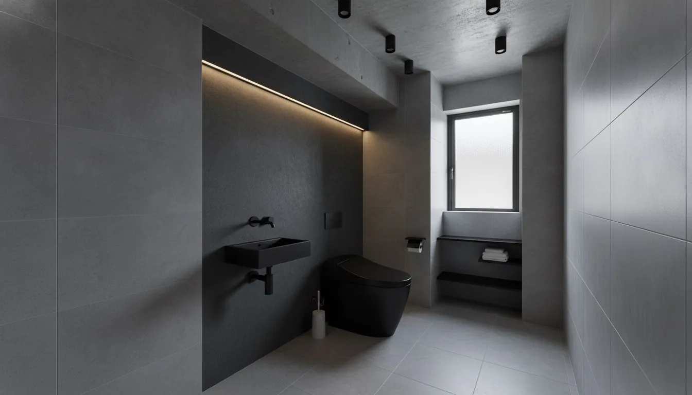 築古マンション(コンパクト)のトイレをスタイリッシュに。グレーの大判タイルの壁一面が主役。