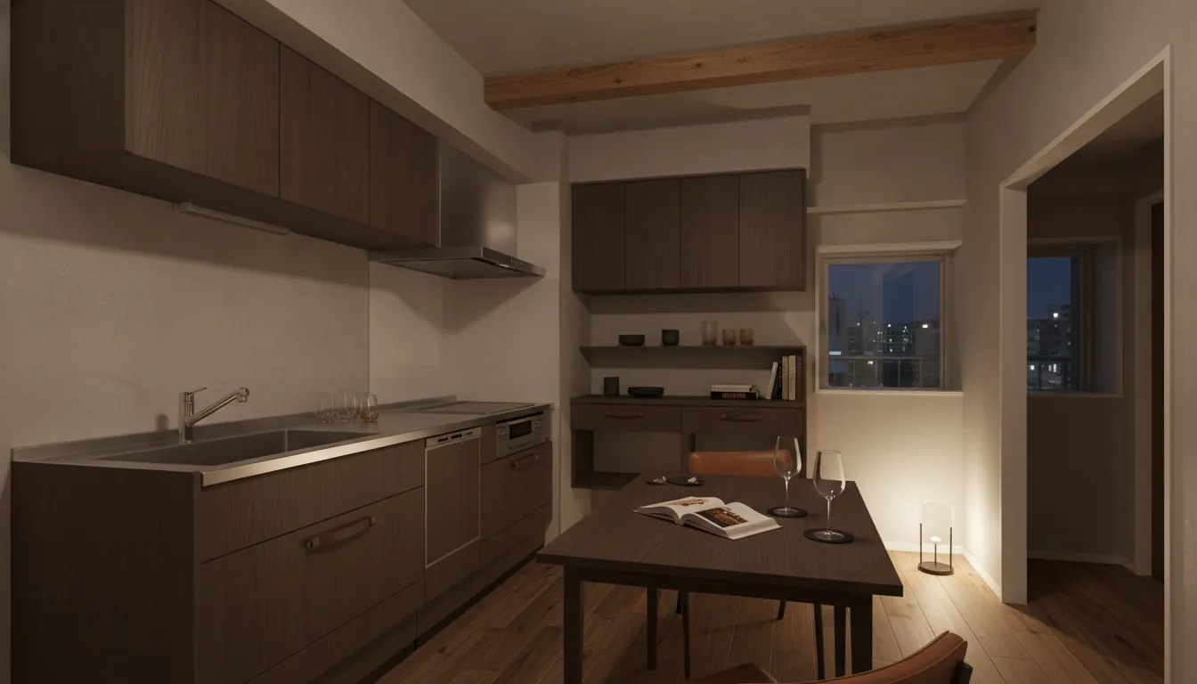 築古マンション(コンパクト)のキッチンを大人に。濃い木目が主役。
