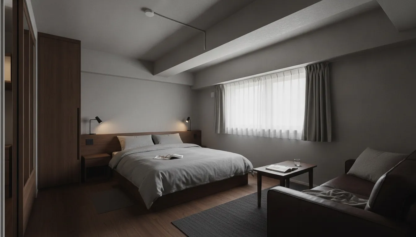 築古マンション(コンパクト)の寝室を大人に。濃い木目が主役。