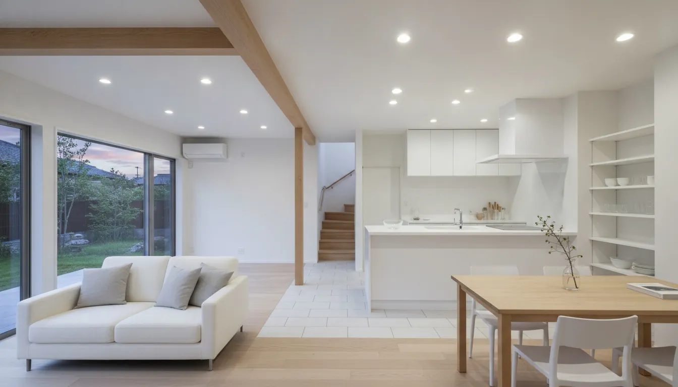 戸建て(広め)のLDKを清潔感に。白い塗り壁が主役。