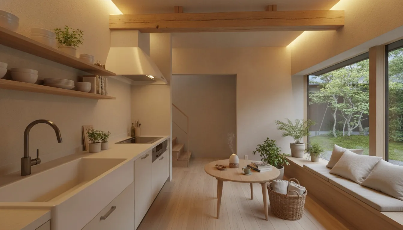 戸建て(広め)のキッチンを癒しに。淡い木の床が主役。