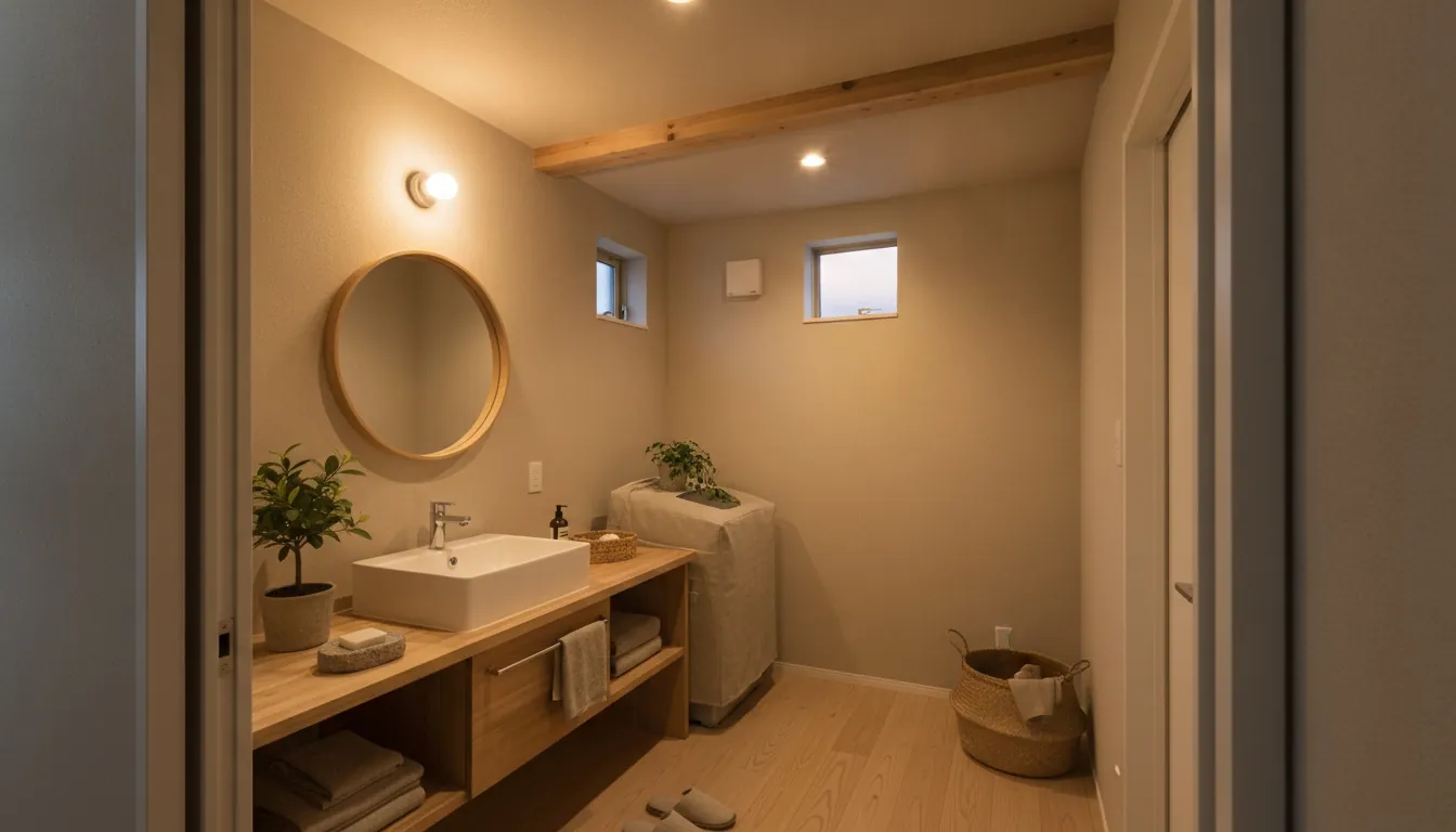 戸建て(広め)の洗面脱衣室を癒しに。木目の洗面台が主役。