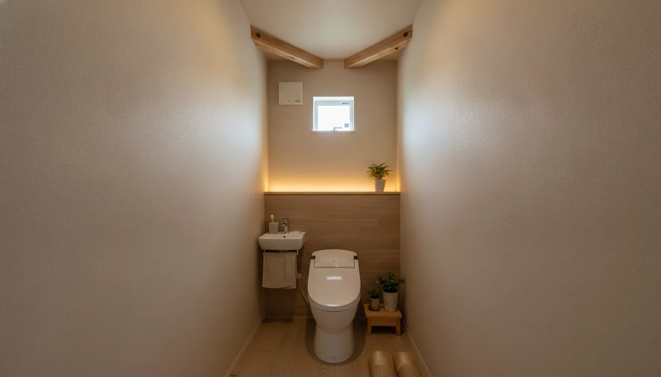 戸建て(広め)のトイレを癒しに。木目の壁一面が主役。