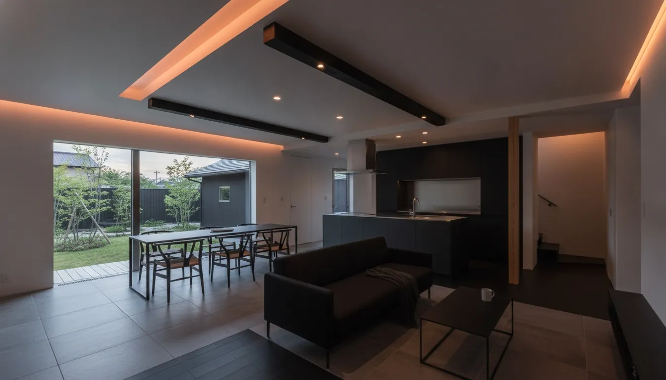 戸建て(広め)のLDKをスタイリッシュに。黒と濃グレーの面材が主役。