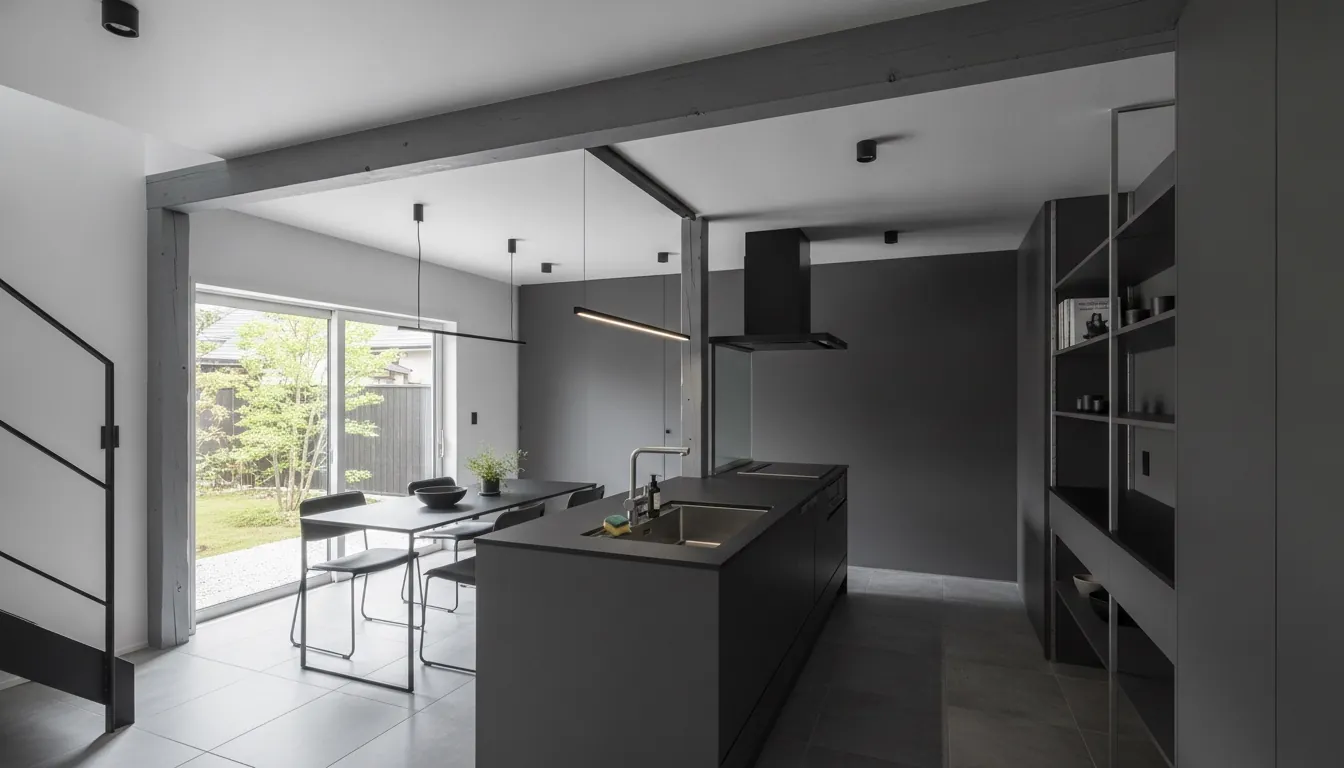 戸建て(広め)のキッチンをスタイリッシュに。黒と濃グレーの面材が主役。