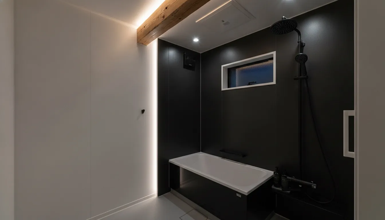 戸建て(広め)の浴室をスタイリッシュに。黒とグレーのパネルが主役。
