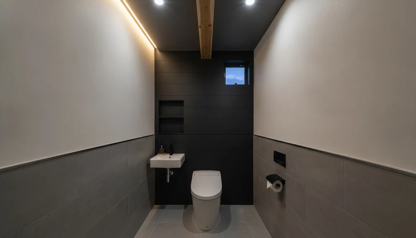 戸建て(広め)のトイレをスタイリッシュに。グレーの大判タイルの壁一面が主役。