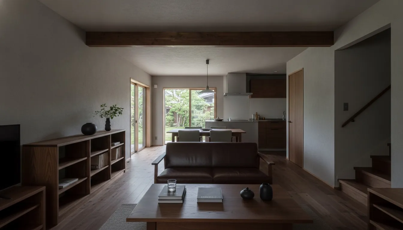 戸建て(広め)のLDKを大人に。濃い木目が主役。