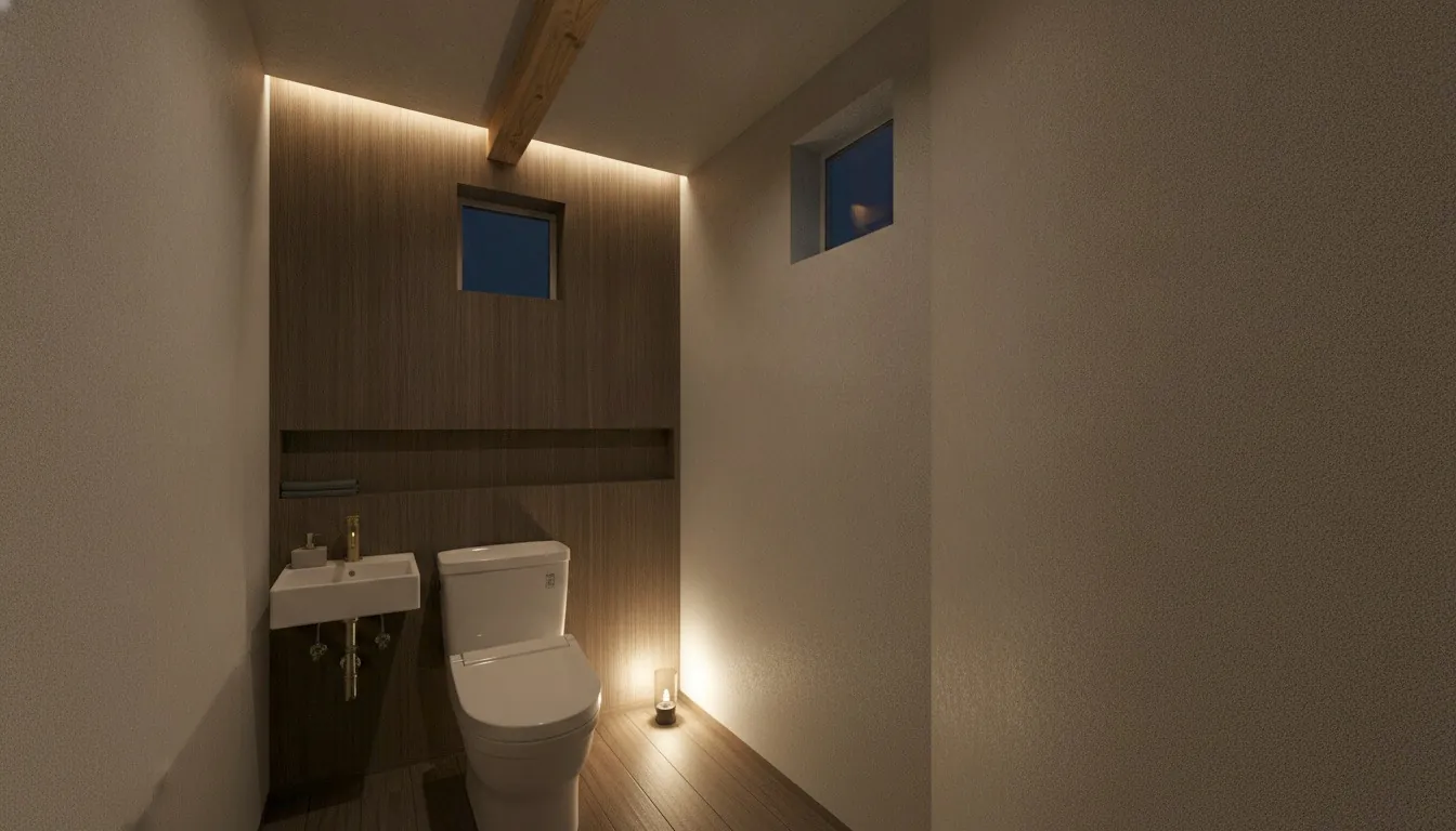 戸建て(広め)のトイレを大人に。濃い木目の壁一面が主役。