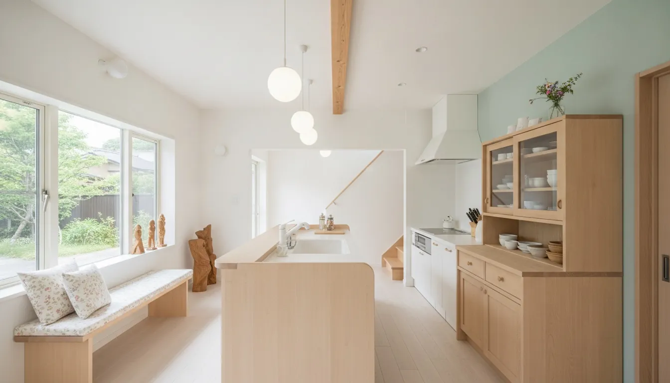 戸建て(広め)のキッチンをかわいいに。白い塗り壁が主役。