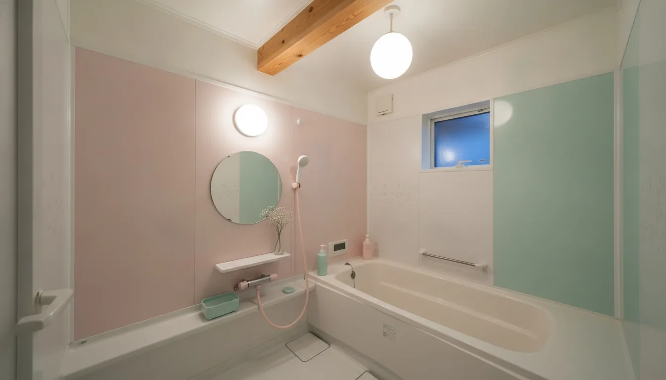 戸建て(広め)の浴室をかわいいに。淡いピンクやミントの壁パネルが主役。