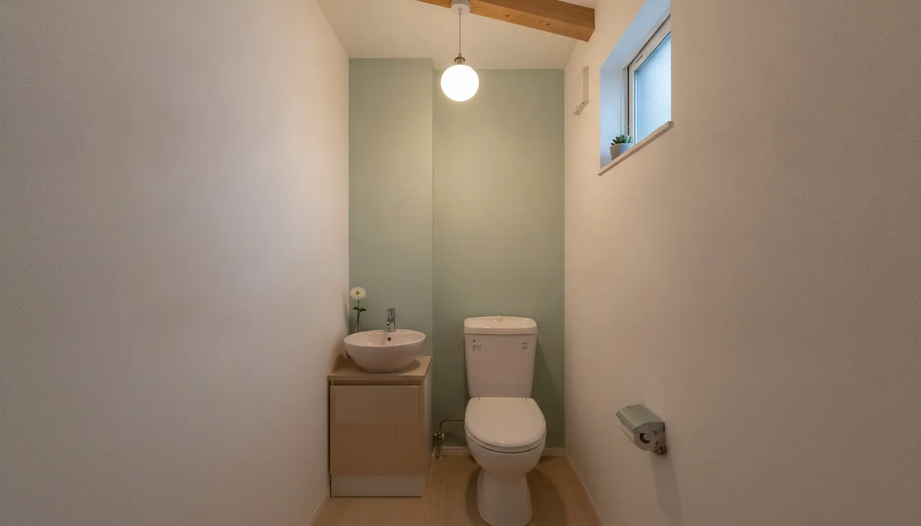 戸建て(広め)のトイレをかわいいに。淡いピンクまたはミントの壁一面が主役。