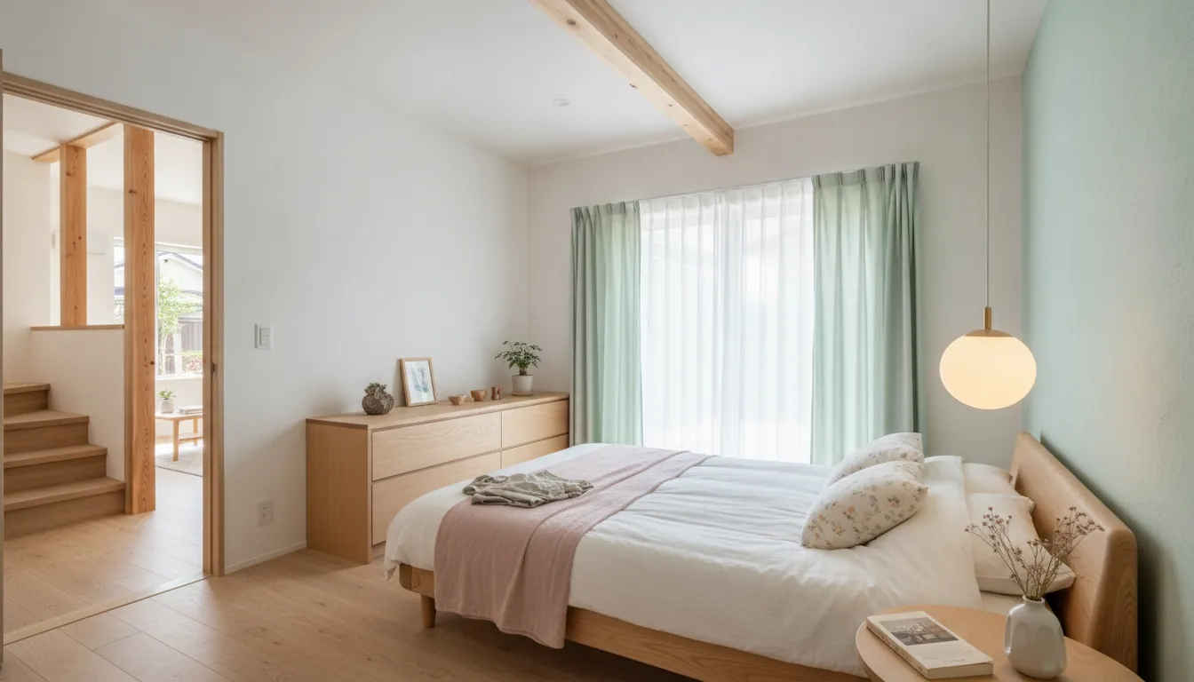 戸建て(広め)の寝室をかわいいに。白い塗り壁が主役。
