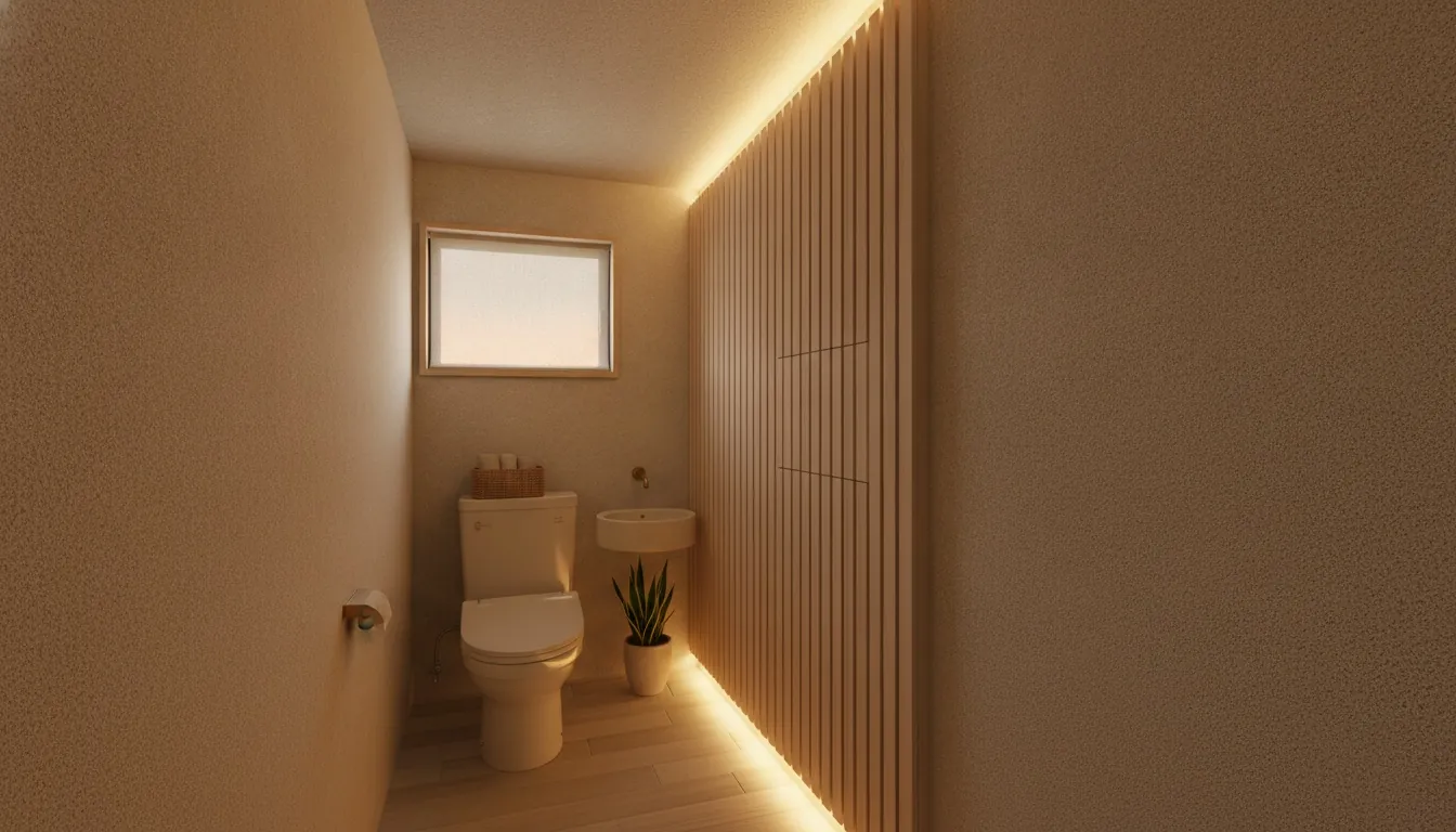賃貸・コスト重視のトイレを癒しに。木目の壁一面が主役。