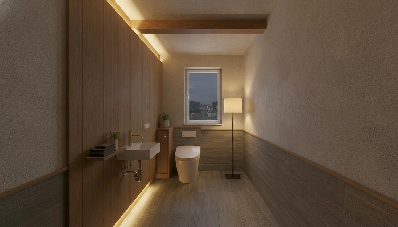 賃貸・コスト重視のトイレを大人に。濃い木目の壁一面が主役。